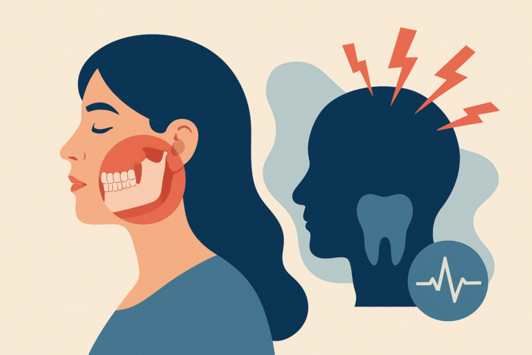 Illustration of a woman with a highlighted jaw area and an adjacent silhouette with red pain lines and a tooth, representing dental pain causing headaches—often linked to TMJ disorders or fibromyalgia.