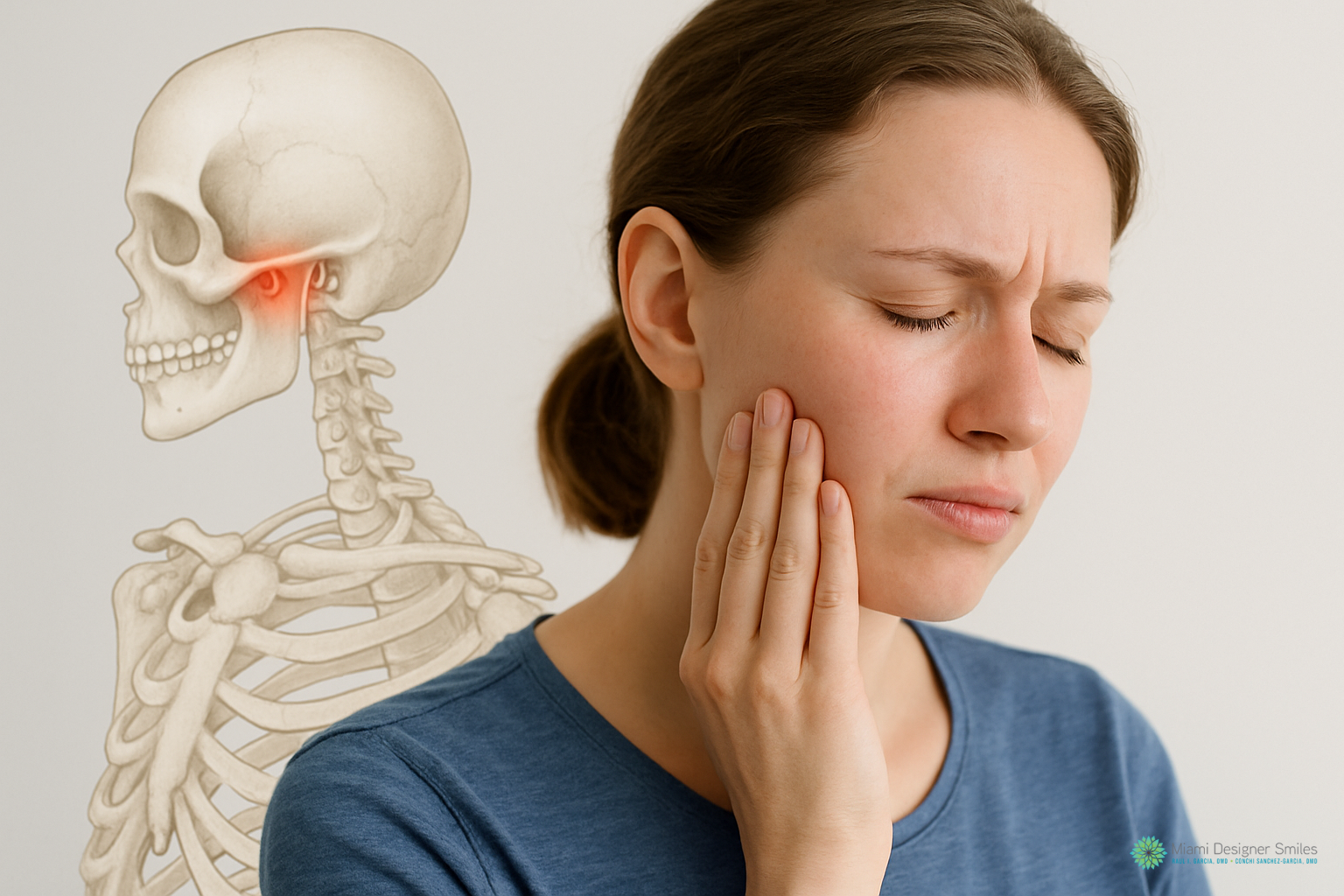 A woman holds her jaw in pain beside an overlay of a human skull highlighting the temporomandibular joint area, illustrating the link between TMJ disorders and conditions like Ehlers-Danlos Syndrome.
