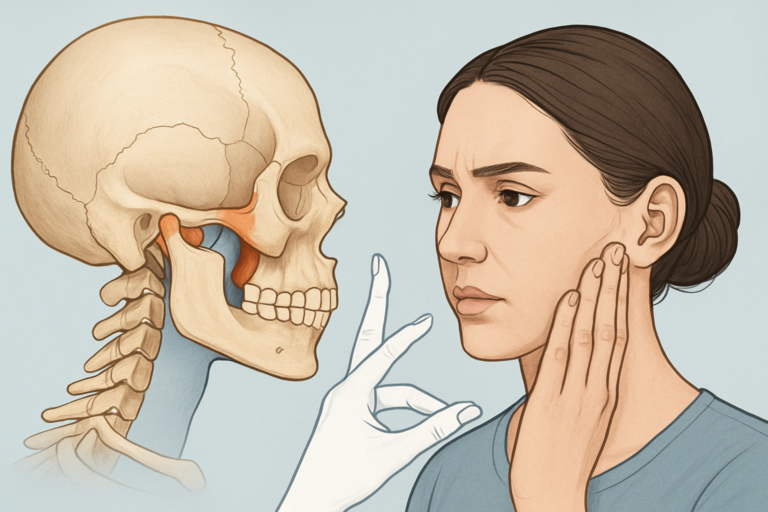 An illustration showing a woman touching her jaw, a skeletal diagram highlighting the jaw joint, and a gloved hand pointing towards her face, suggesting examination of jaw pain related to TMJ disorders or Ehlers-Danlos Syndrome.