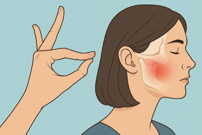 An illustration of a hand about to flick a woman's jaw, with the jaw area highlighted in red to indicate pain or discomfort—a common issue for those with TMJ disorders or Ehlers-Danlos Syndrome.