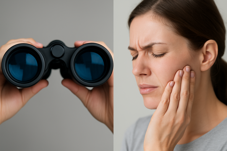 Side-by-side image of hands holding binoculars on the left and a woman touching her cheek in apparent discomfort on the right, illustrating symptoms related to Binocular Vision Dysfunction and TMJ disorders.
