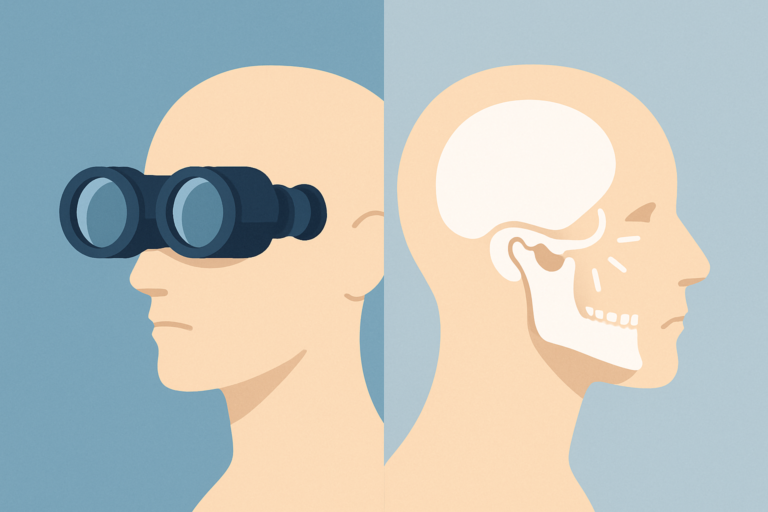 Illustration of a human head in profile; left side wears binoculars, while the right reveals the skull and facial muscles—highlighting connections between Binocular Vision Dysfunction and TMJ disorders on a blue background.