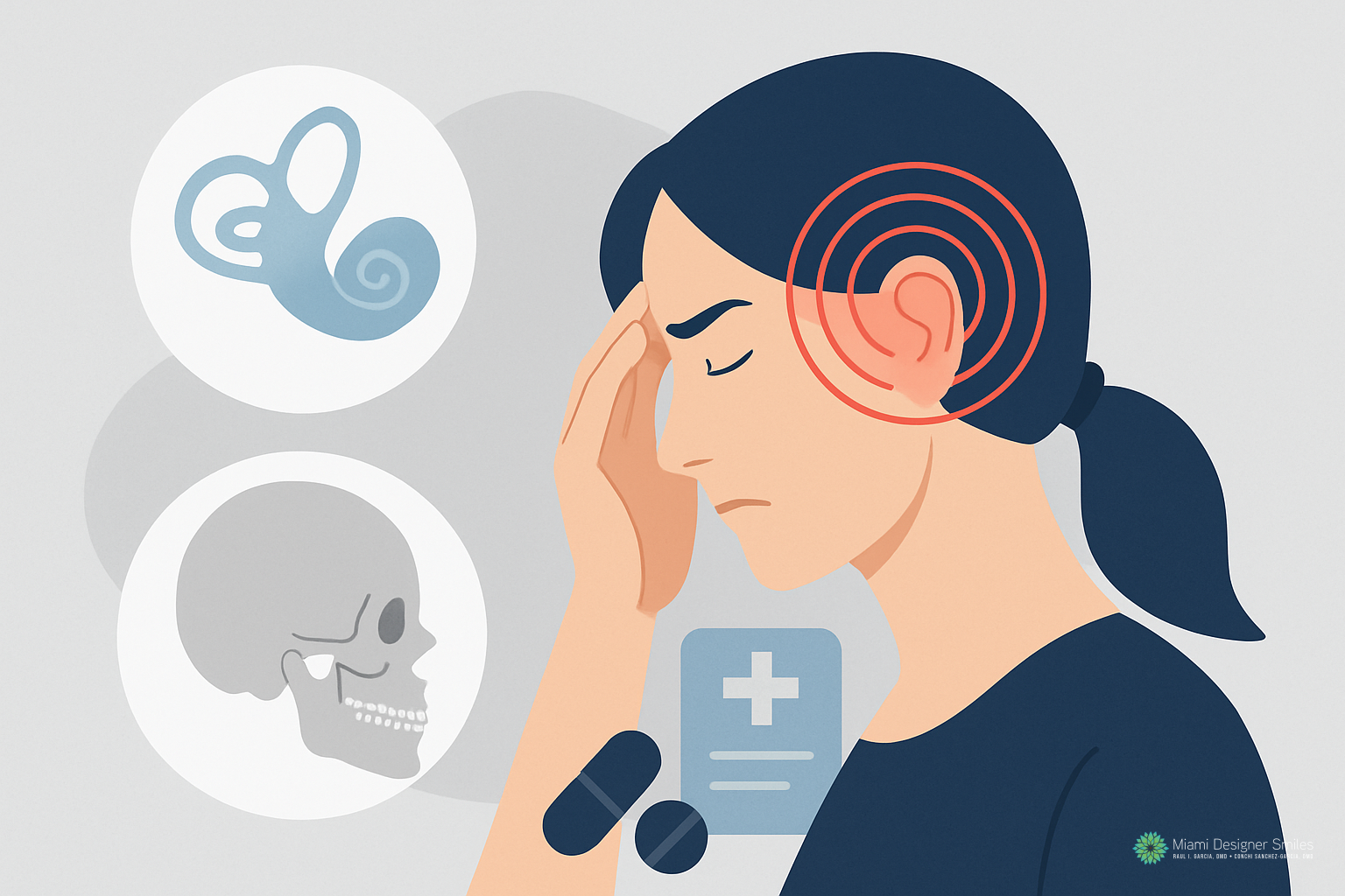 Illustration of a woman holding her head in pain, with red circles highlighting her ear—depicting Vestibular Migraine and TMJ disorders—alongside medical icons and sketches of an ear and skull in the background.