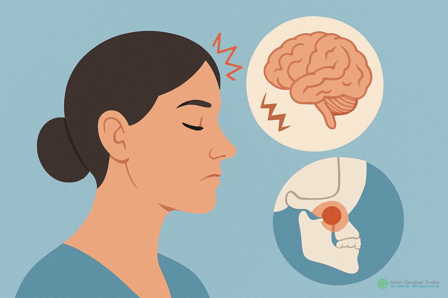 Illustration of a woman with a pained expression, plus brain and jaw joint diagrams, suggesting a connection between Vestibular Migraine and TMJ disorders as potential causes of headaches.