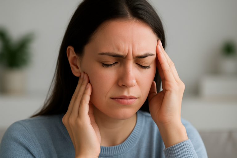 A woman with long dark hair touches her temples with both hands and closes her eyes, appearing to seek migraine relief or be in discomfort.