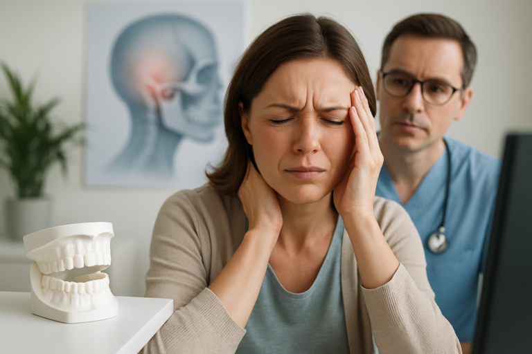 A woman holds her head and neck in pain during a medical consultation, seeking Migraine Relief, with a dentist and anatomical jaw model in the background.