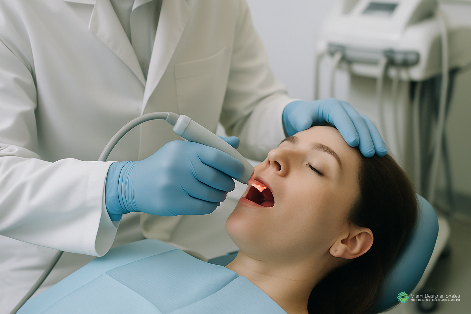 A dentist wearing blue gloves examines a patient's mouth with dental tools, possibly assessing for nightlase for sleep apnea, while the patient sits in a dental chair with eyes closed.