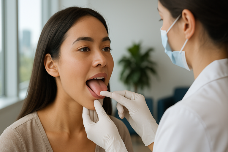 A healthcare professional wearing gloves and a mask examines a woman's mouth as she sticks out her tongue during a medical check-up, demonstrating how myofunctional therapy works in assessing oral muscle function.