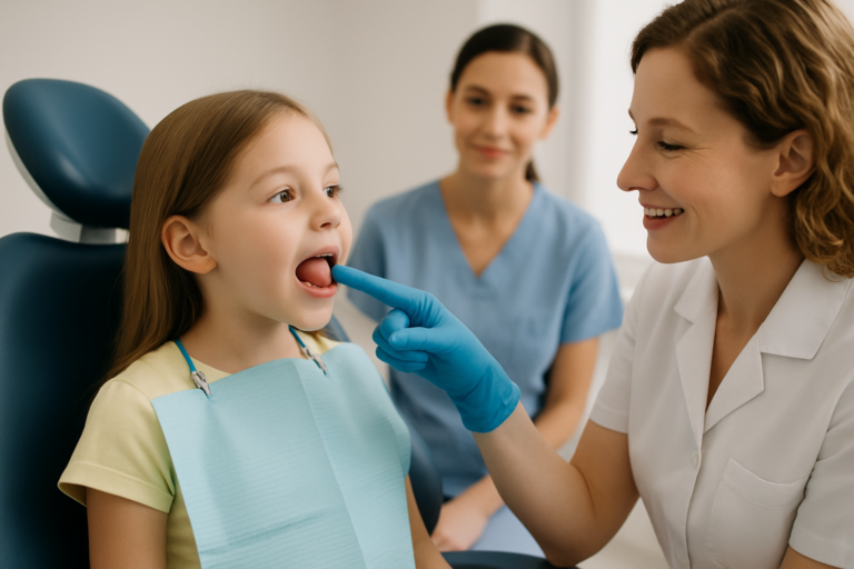 A dentist wearing gloves examines a young girl's mouth while another dental worker observes, demonstrating how myofunctional therapy works in a modern dental office.