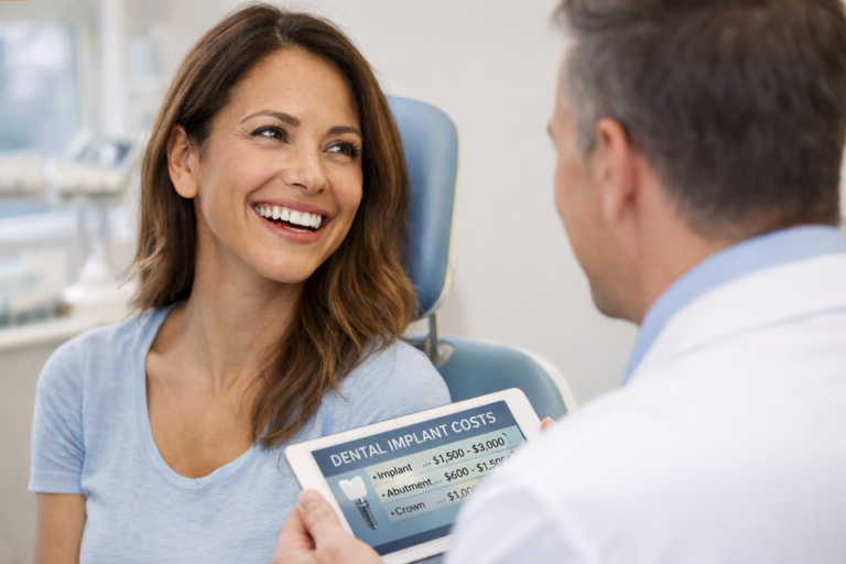 Una mujer sonríe sentada en un sillón dental mientras un dentista le muestra una tableta con información sobre el coste de los procedimientos dentales estéticos.
