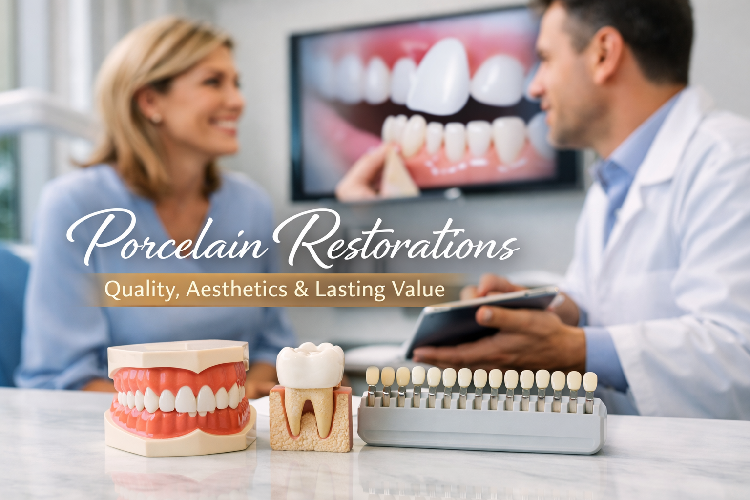 A dentist and patient discuss dental treatment; dental models and tooth shade guides are on the table. Text reads: "Porcelain Restorations: Quality, Aesthetics & Lasting Value—explore the cost of cosmetic dental procedures.