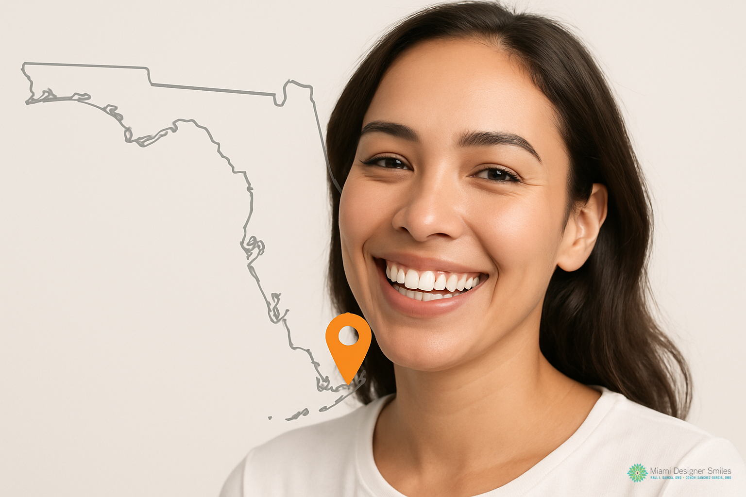 A smiling woman stands in front of an outline map of Florida, with an orange location pin marking the southern tip—highlighting the region’s reputation for affordable cost of cosmetic dental procedures.