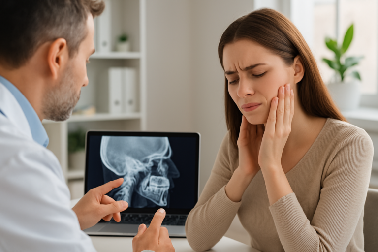 A doctor discusses non-surgical TMJ treatments while reviewing a dental X-ray with a woman who is touching her jaw and appears to be in pain. The X-ray is displayed on a laptop in the background.