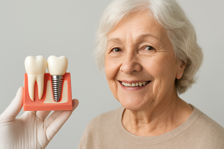 Una mujer mayor sonríe junto a un modelo dental que muestra un diente y un implante dental, sostenido por una mano enguantada.