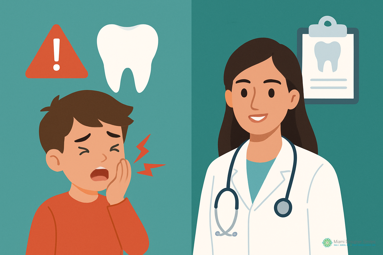 Illustration of a boy holding his cheek in pain with a tooth icon and warning sign, next to a female dentist smiling in front of a clipboard with a tooth illustration—highlighting emergency dental care for kids.