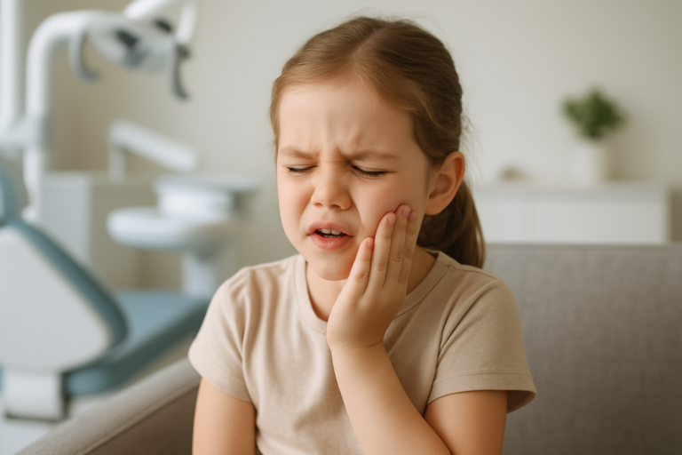 A young girl sitting in a dental office holds her cheek and appears to be in pain, possibly experiencing a toothache—she may need emergency dental care for kids.
