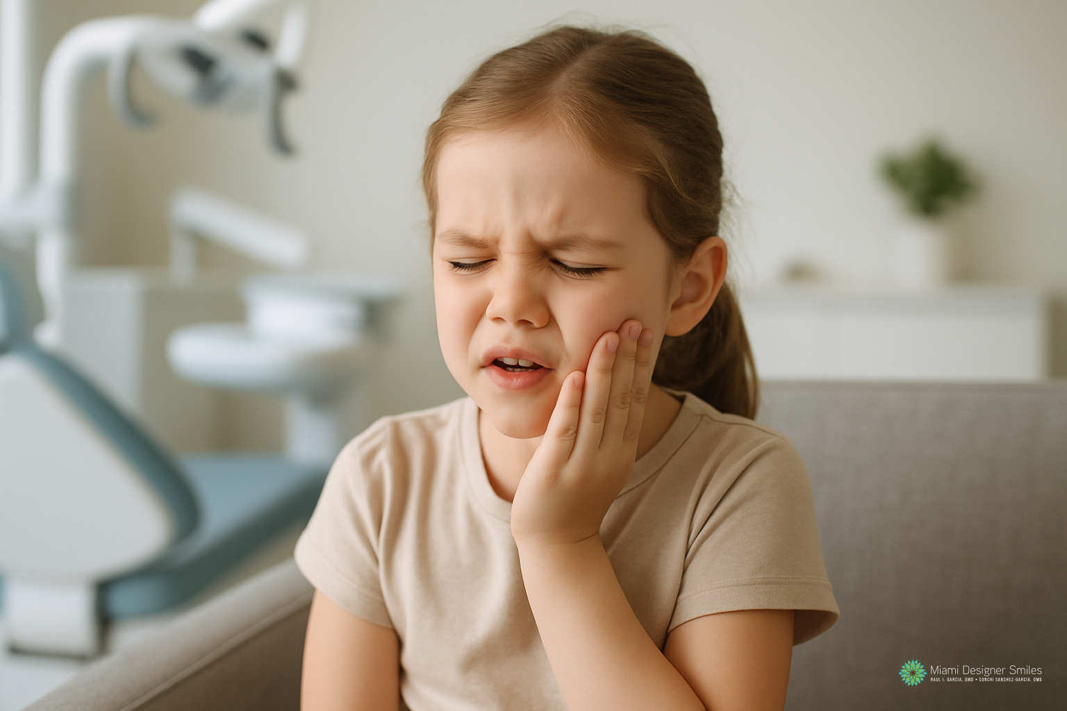 A young girl sitting in a dental office holds her cheek and appears to be in pain, possibly experiencing a toothache—she may need emergency dental care for kids.