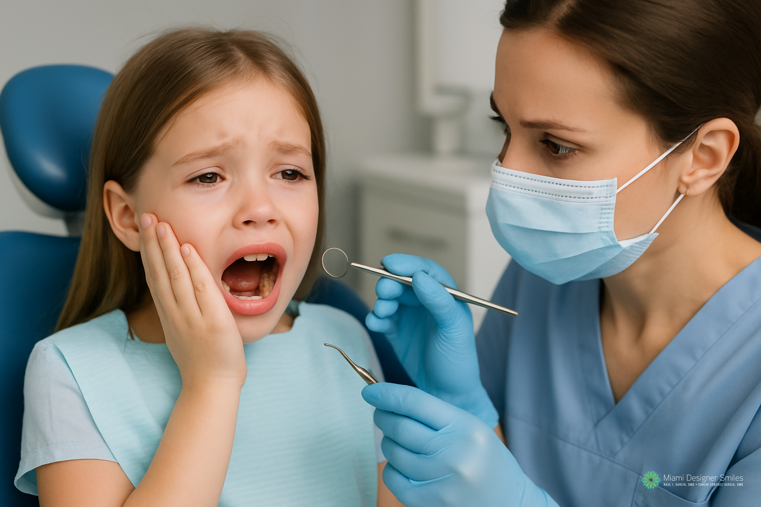 A young girl sits in a dental chair, holding her cheek and appearing distressed, while a dentist in scrubs and a mask examines her with dental tools, providing emergency dental care for kids.