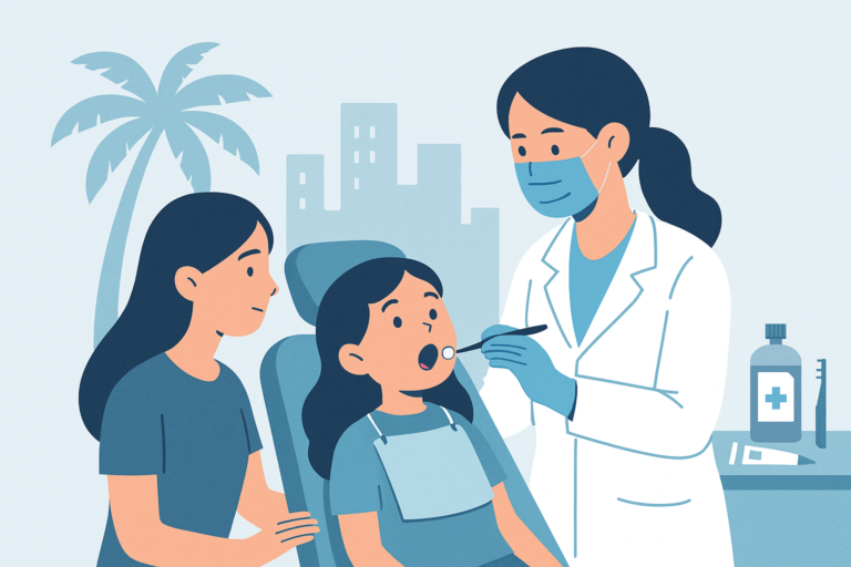 A dentist examines a young girl's mouth while another woman sits beside her in a dental clinic, highlighting the importance of emergency dental care for kids, with city buildings and a palm tree visible in the background.