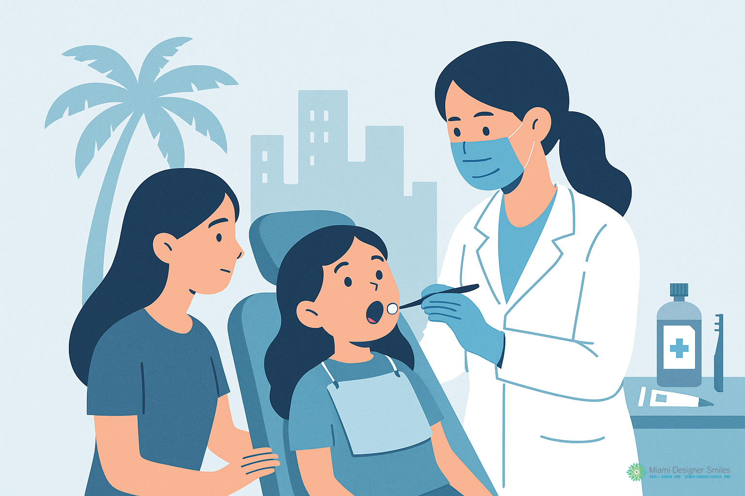 A dentist examines a young girl's mouth while another woman sits beside her in a dental clinic, highlighting the importance of emergency dental care for kids, with city buildings and a palm tree visible in the background.