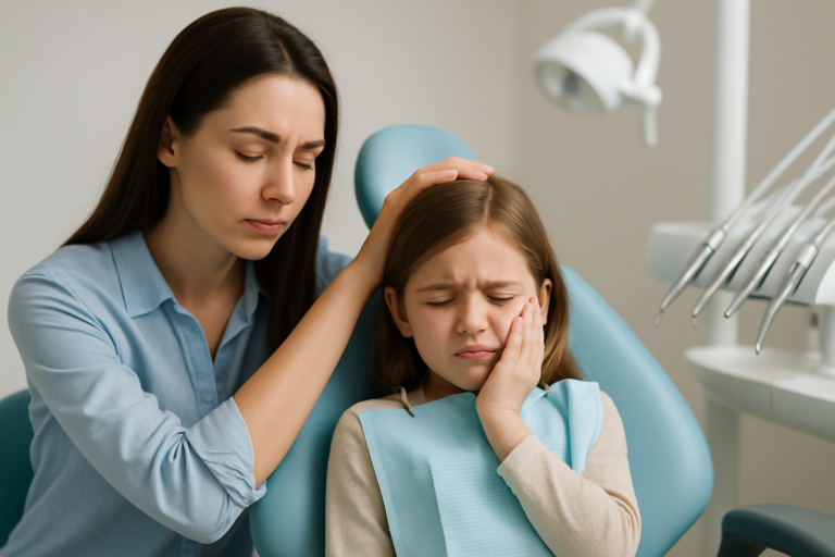 A woman comforts a young girl in a dental chair, holding her cheek in pain—highlighting the importance of emergency dental care for kids during unexpected situations.