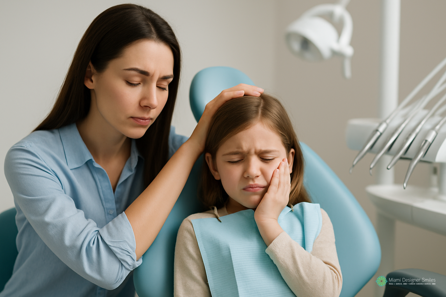 A woman comforts a young girl in a dental chair, holding her cheek in pain—highlighting the importance of emergency dental care for kids during unexpected situations.