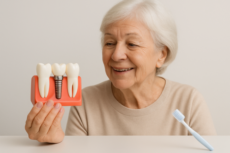 Older woman smiles while holding a dental implants model with three teeth; a toothbrush rests on the table in front of her.
