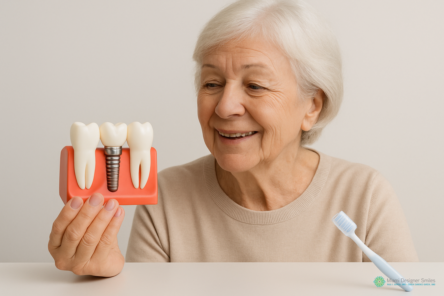 Older woman smiles while holding a dental implants model with three teeth; a toothbrush rests on the table in front of her.