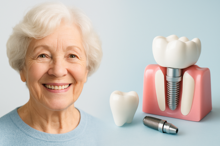 Smiling elderly woman next to a dental implant model, a tooth model, and a dental implant screw on a light background, highlighting the benefits of dental implants for seniors.