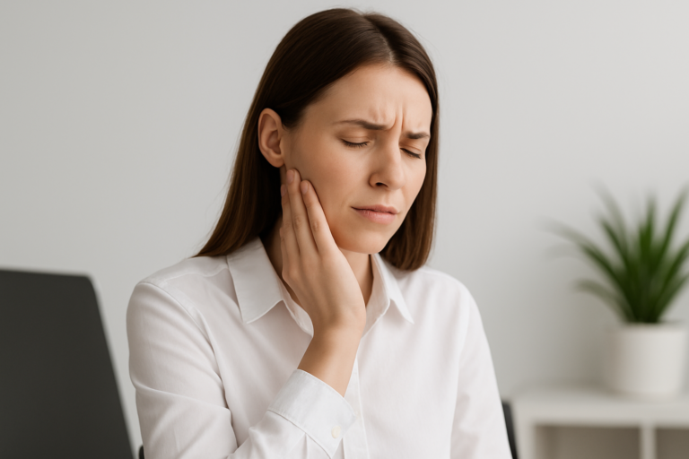 Woman in a white shirt touching her jaw and wincing in pain, possibly experiencing toothache, jaw discomfort, or considering TMJ treatment options, indoors with a plant in the background.