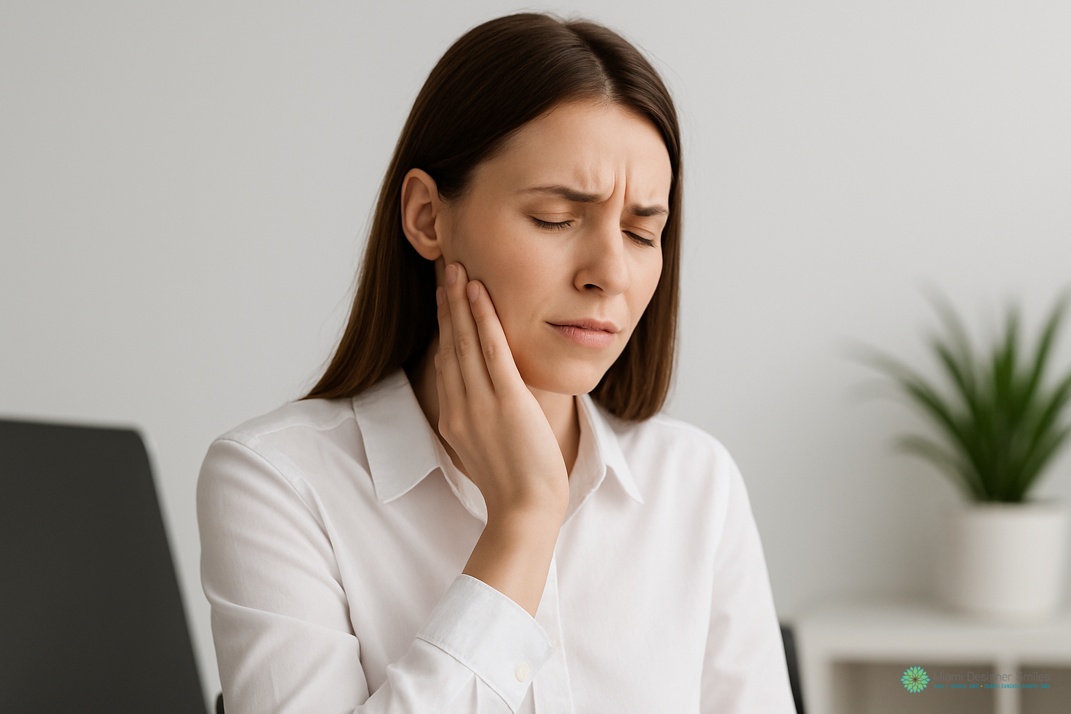 Woman in a white shirt touching her jaw and wincing in pain, possibly experiencing toothache, jaw discomfort, or considering TMJ treatment options, indoors with a plant in the background.