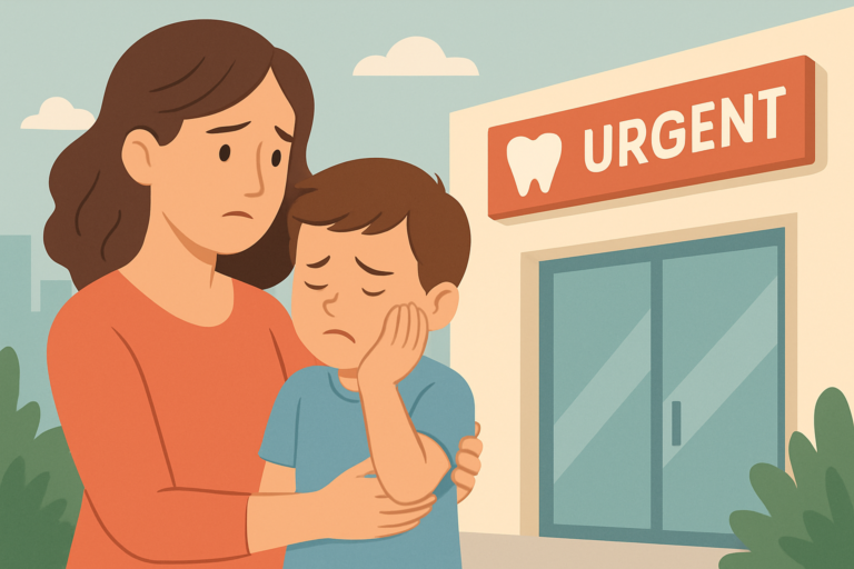 A woman comforts a boy holding his cheek outside a dental clinic with an "URGENT" sign, highlighting the need for urgent dental care for kids in case of a sudden emergency.