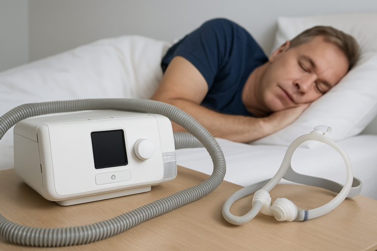 A man sleeps in bed beside a CPAP machine and mask placed on a wooden nightstand, showcasing one of the common sleep apnea treatment options.