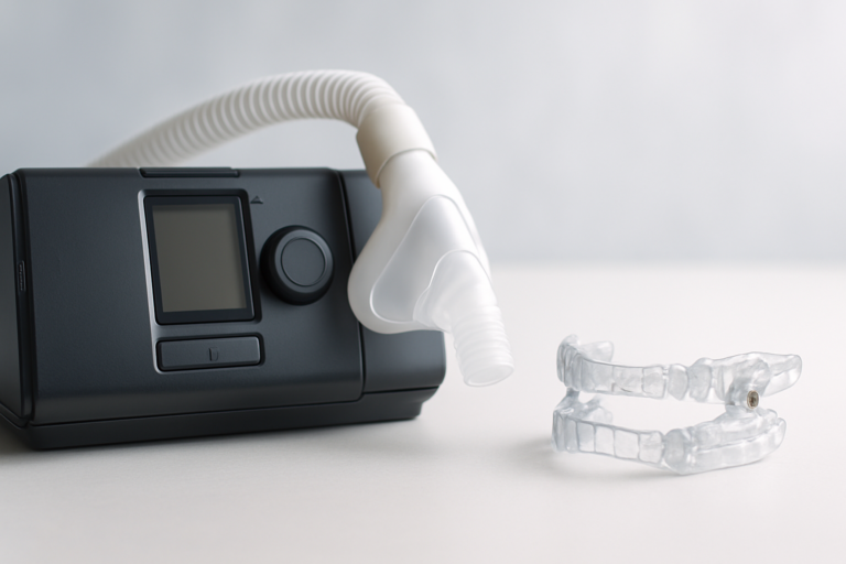 A CPAP machine with a mask and a clear dental mouthpiece, both common sleep apnea treatment options, are placed on a white surface.