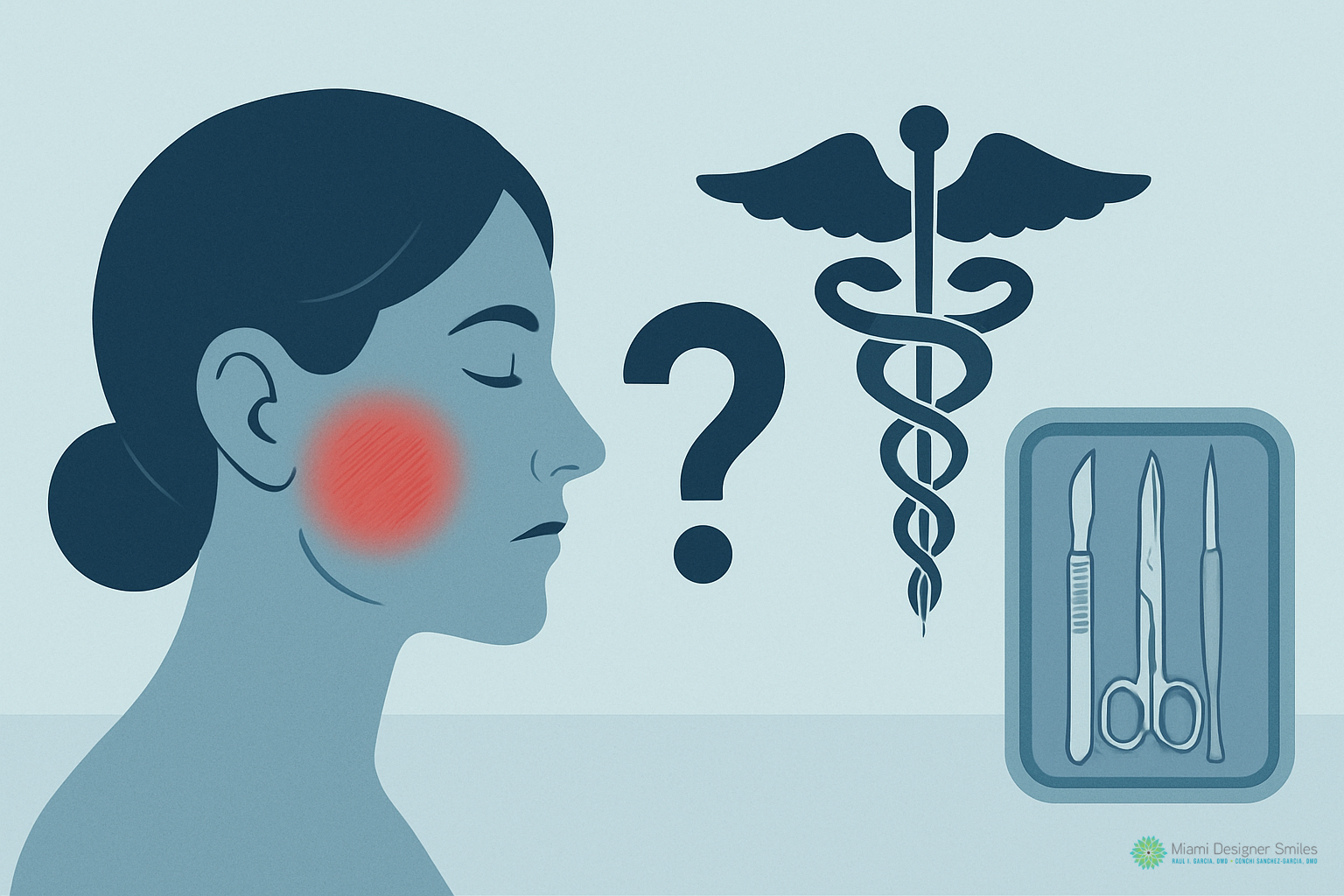 Illustration of a woman with a red cheek, a question mark, a medical symbol, and surgical tools, suggesting TMJ treatment options or a medical issue possibly requiring surgery.
