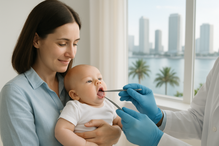 A doctor examines a baby’s throat with a tongue depressor, possibly assessing the need for tongue tie treatment in Miami, while the baby is held by an adult in a bright room with large windows overlooking city buildings and palm trees.