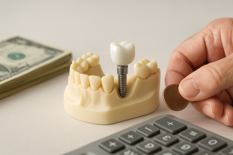 A hand holds a coin near a dental implant model, highlighting the cost of dental implants for seniors, with a stack of cash and a calculator in the background.