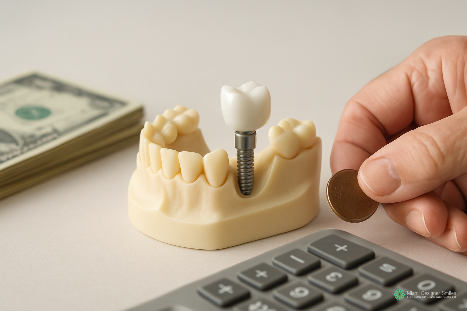 A hand holds a coin near a dental implant model, highlighting the cost of dental implants for seniors, with a stack of cash and a calculator in the background.