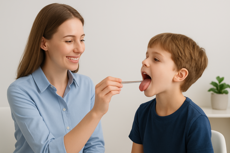 A woman examines a boy's throat with a tongue depressor, possibly as part of myofunctional therapy for children. The boy sits with his mouth open while the woman smiles. A small plant is visible in the background.