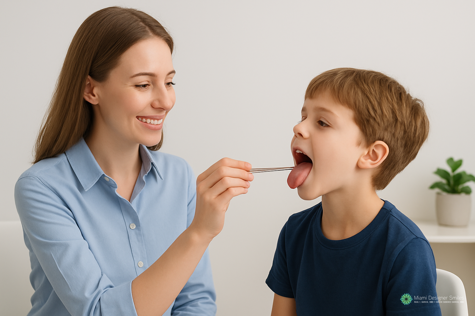 A woman examines a boy's throat with a tongue depressor, possibly as part of myofunctional therapy for children. The boy sits with his mouth open while the woman smiles. A small plant is visible in the background.