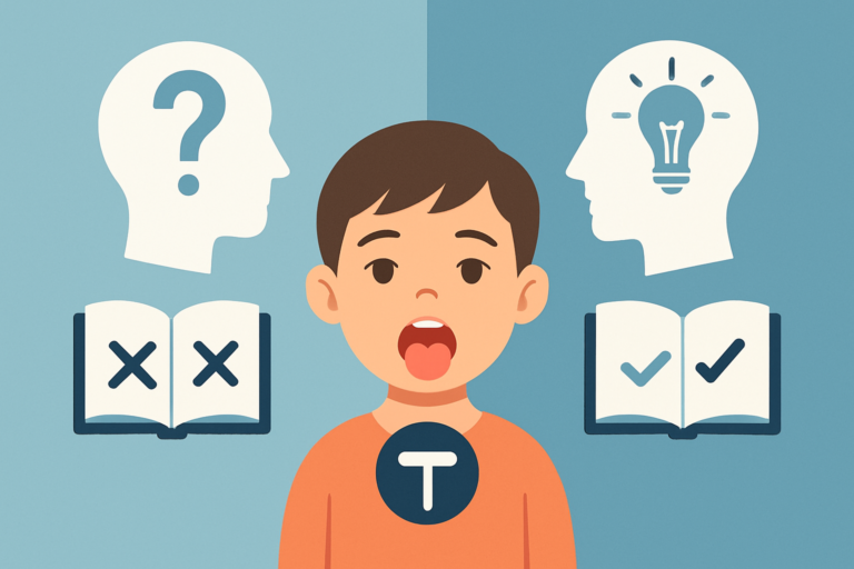 Illustration of a child with an open mouth, flanked by icons of books with X and check marks, and head profiles with a question mark and a lightbulb, representing learning, understanding, and myofunctional therapy for children.