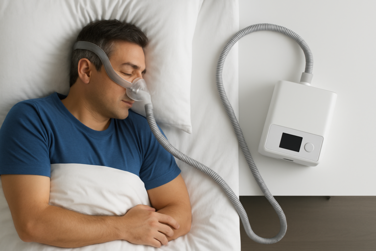 Man sleeping in bed while using a CPAP machine, one of the common sleep apnea treatment options, with a nasal mask and hose connected to a device on the bedside table.