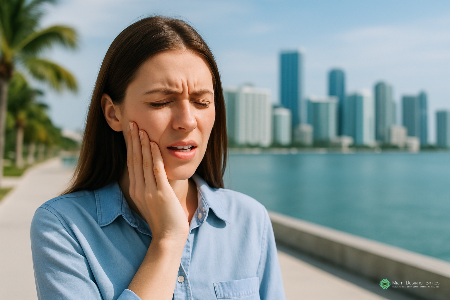 A woman stands outdoors by the water and city skyline, touching her cheek with a pained expression that suggests discomfort or the need to explore TMJ treatment options.