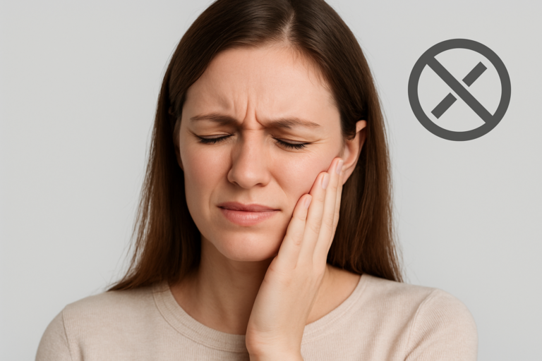 Woman holding her jaw in pain with a crossed-out symbol in the background, suggesting dental discomfort or a toothache and highlighting the need for TMJ treatment options.