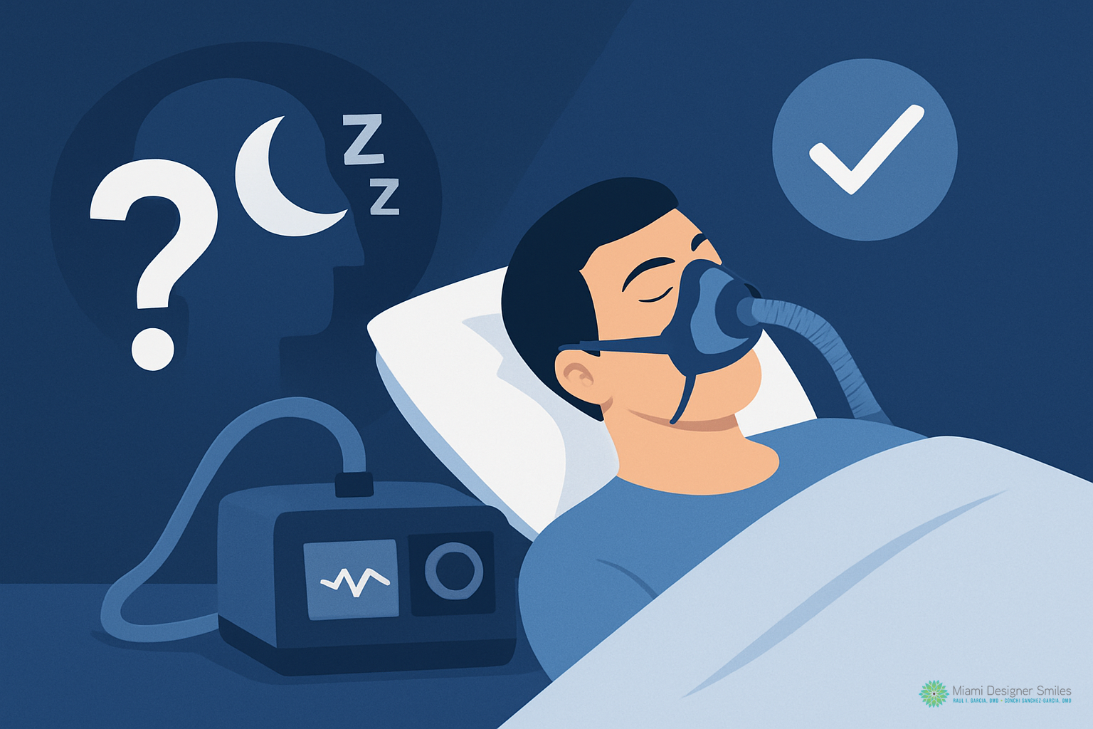 A person lies in bed wearing a CPAP mask connected to a machine, highlighting one of the sleep apnea treatment options, with sleep-related icons and a check mark in the background.