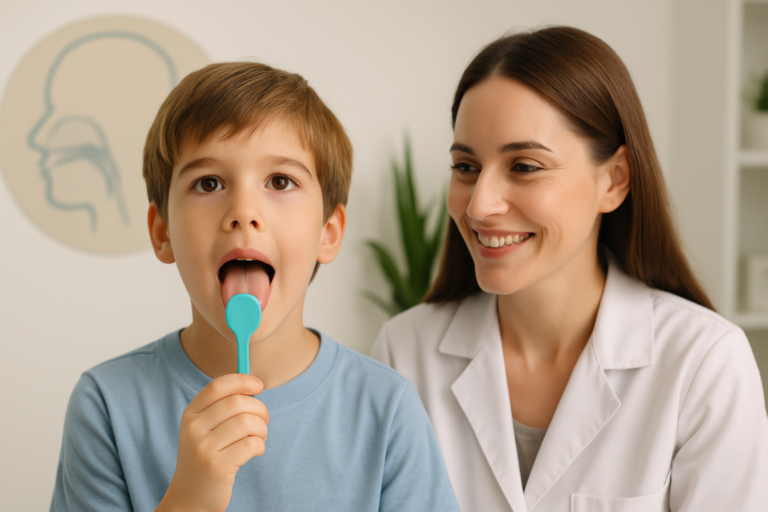 A young boy holds a tongue depressor in his mouth while a healthcare professional in a white coat smiles beside him, demonstrating myofunctional therapy for children in a medical office.