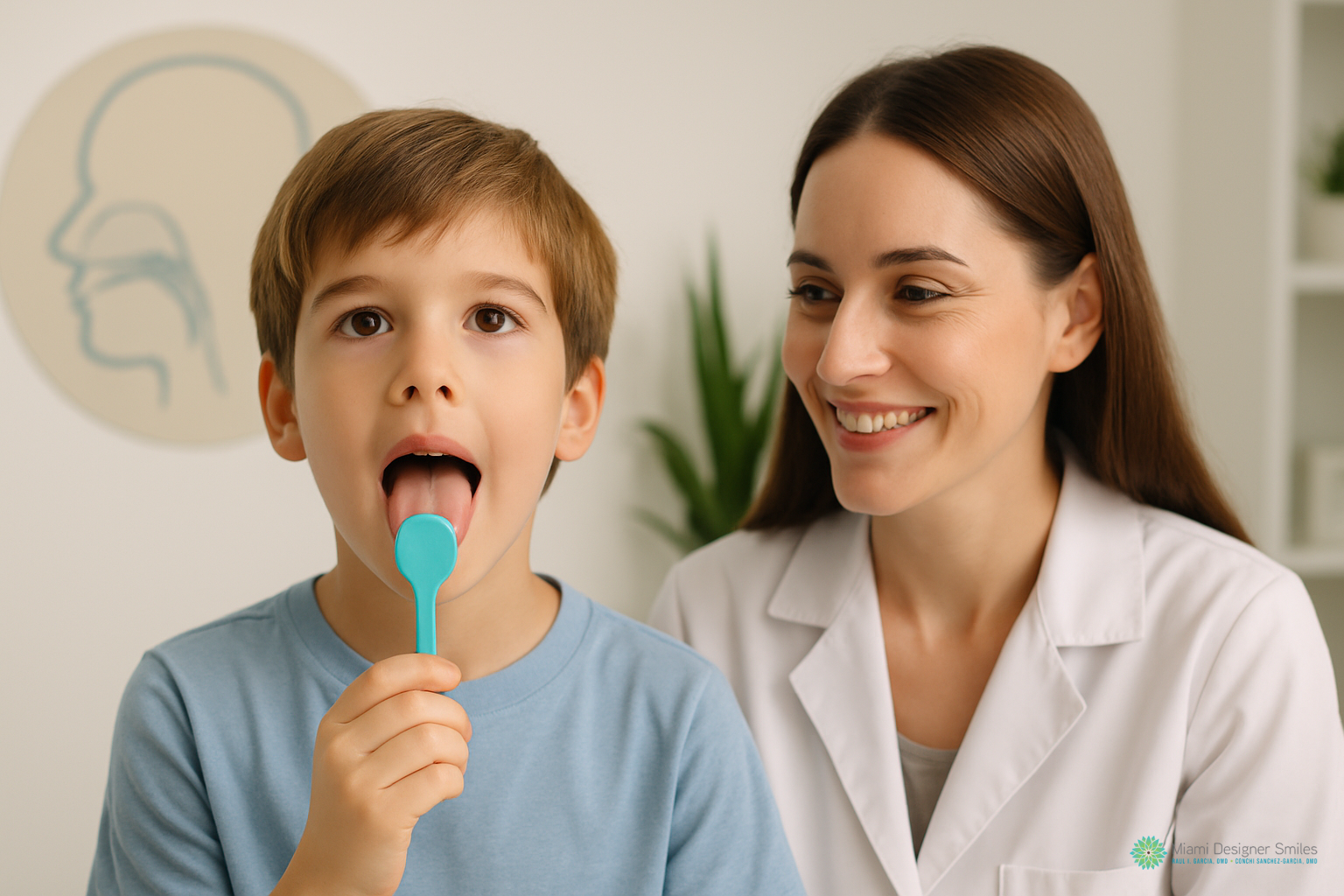 A young boy holds a tongue depressor in his mouth while a healthcare professional in a white coat smiles beside him, demonstrating myofunctional therapy for children in a medical office.