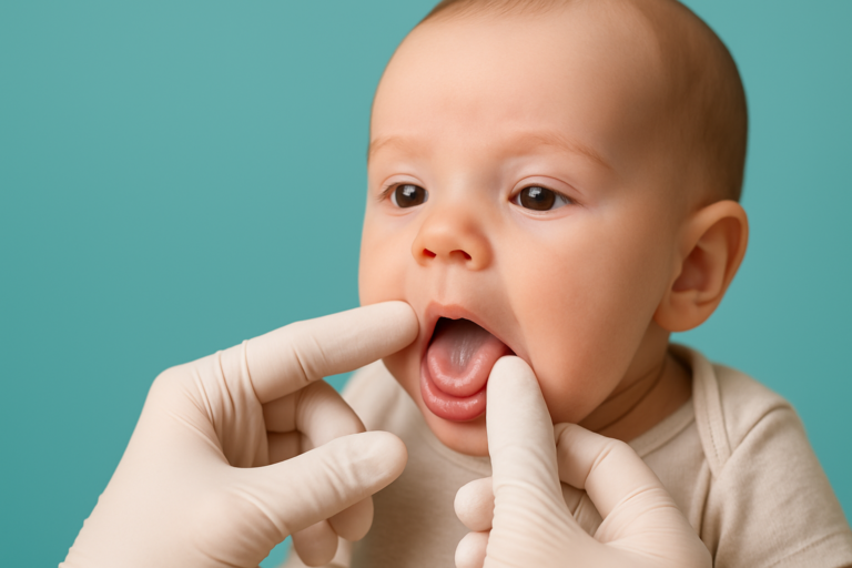 A baby with an open mouth being examined by gloved hands, possibly for tongue tie treatment in Miami, against a teal background.