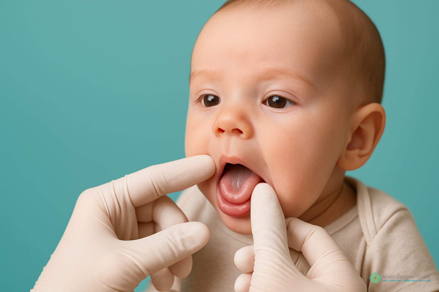 A baby with an open mouth being examined by gloved hands, possibly for tongue tie treatment in Miami, against a teal background.
