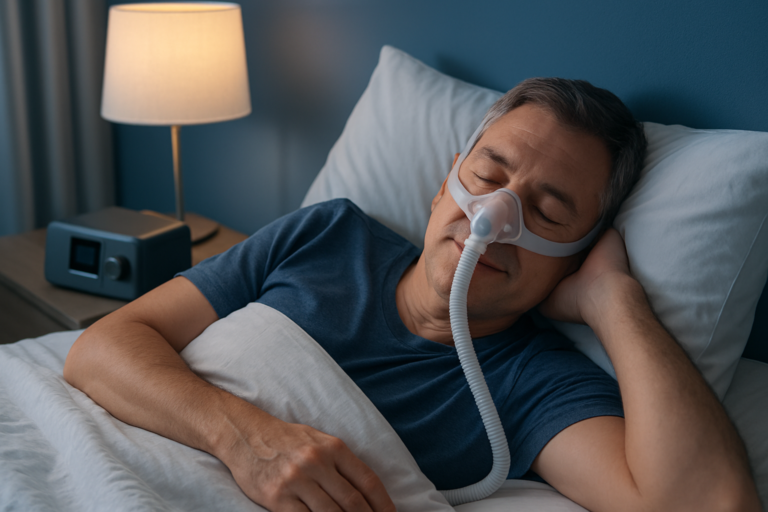 A man sleeps in bed wearing a CPAP mask—a common sleep apnea treatment option—with a CPAP machine on the nightstand next to a lit lamp.